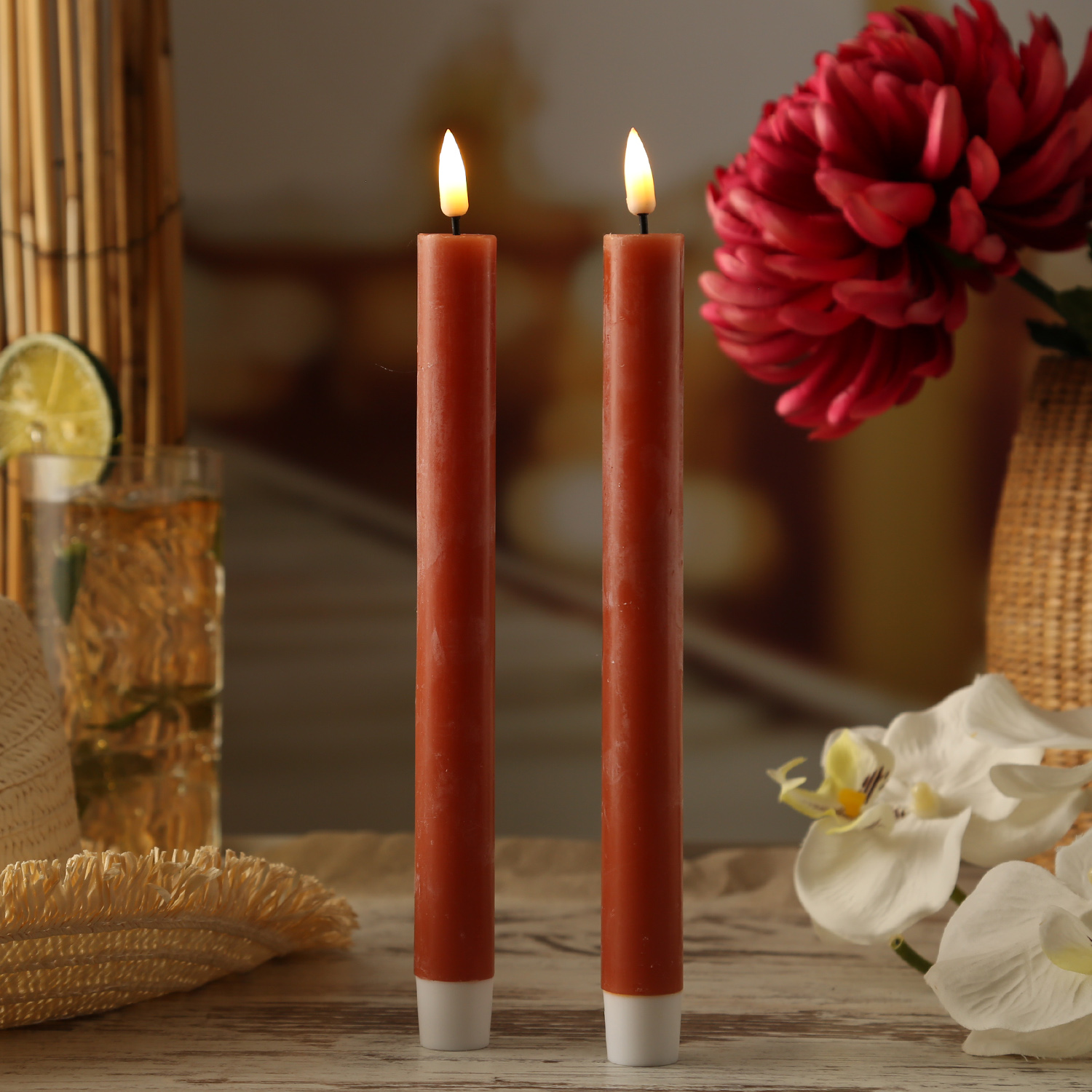 Bild von Deluxe Homeart LED-Kerze LED Stabkerzen Mia Tafelkerzen Echtwachs flackernd H: 24cm orange 2Stk (2-tlg)