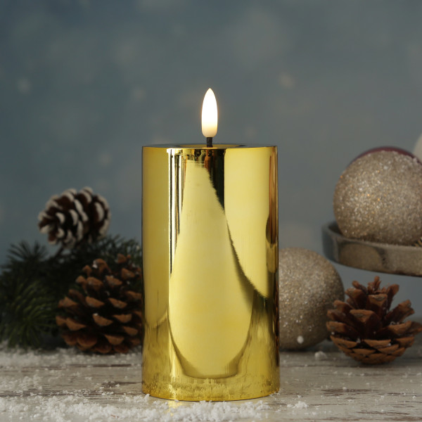 Bild von MARELIDA LED-Kerze gold glänzend festliche Kunststoff Stumpenkerze Timer H: 15cm (1-tlg)