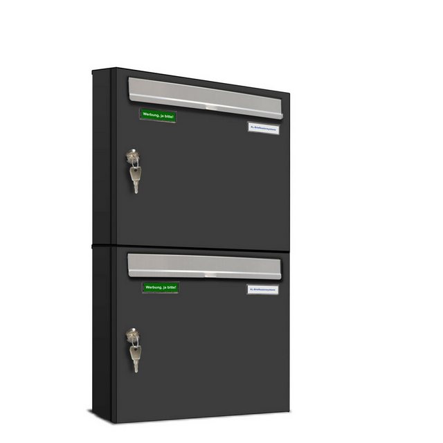 Bild von AL Briefkastensysteme Basic 2er Briefkasten RAL 7016 Anthrazit Grau/Einwurfklappe RAL 9006 Weiß Aluminium 2 Fach DIN A4 wetterfest mit Posthaltebügel und 2 Namensschildern