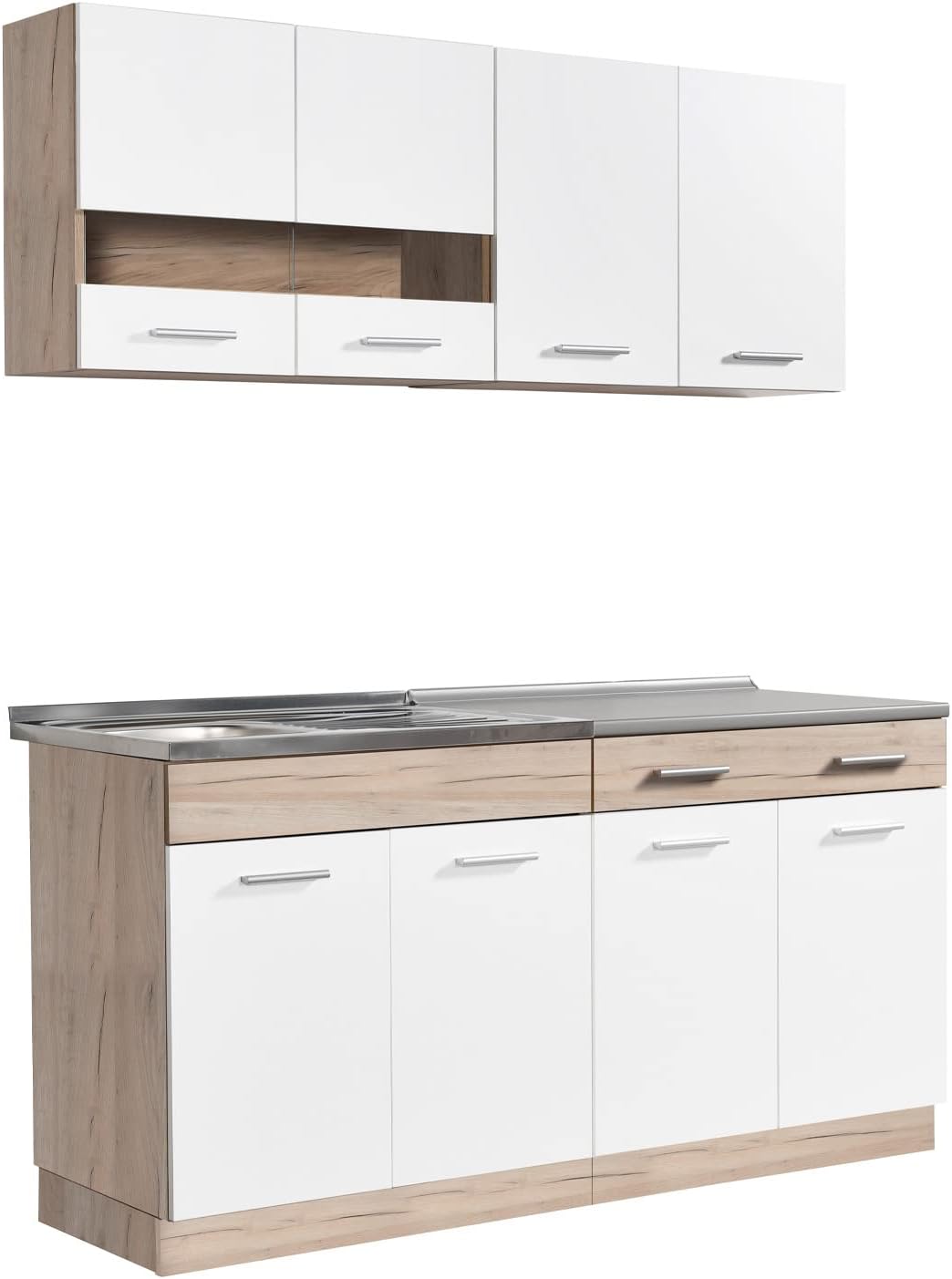 Bild von Homestyle4u Küchenzeile 160 cm ohne Geräte klein Einbauküche Singleküche Weiß matt Eiche Glas, Weiß/Creme und Braun