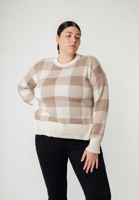 Bild von MELA Bio-Damen-Jacquard-Strickpullover "FAIZA" mit Seitenschlitzen, mushroom/cream, Gr. M