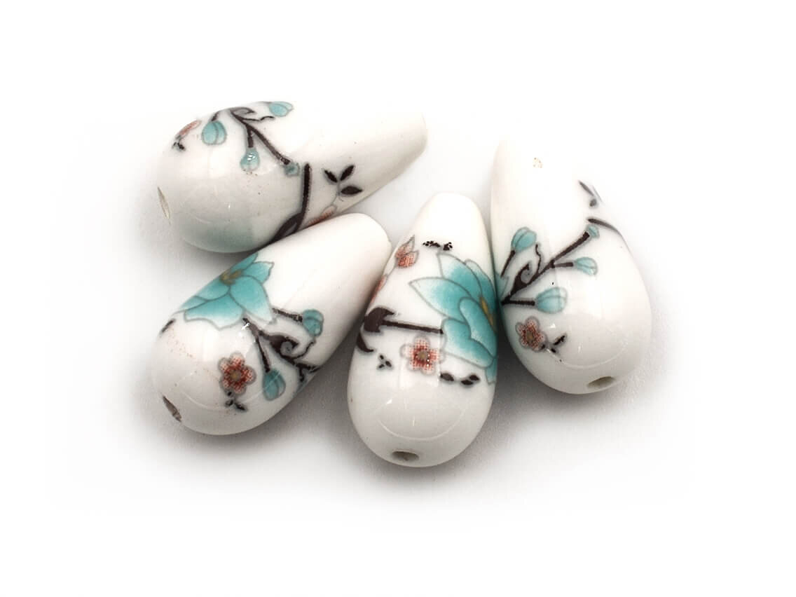 Bild von tropfenförmige Perlen aus Keramik in weiß mit Blumen 20 x 10 mm 4er...