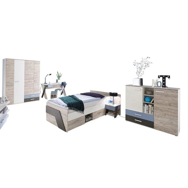 Bild von Jugendzimmer Set mit Schreibtisch 5-teilig LEEDS-10 in Sandeiche Nb. mit weiß, Lava und Denim Blau