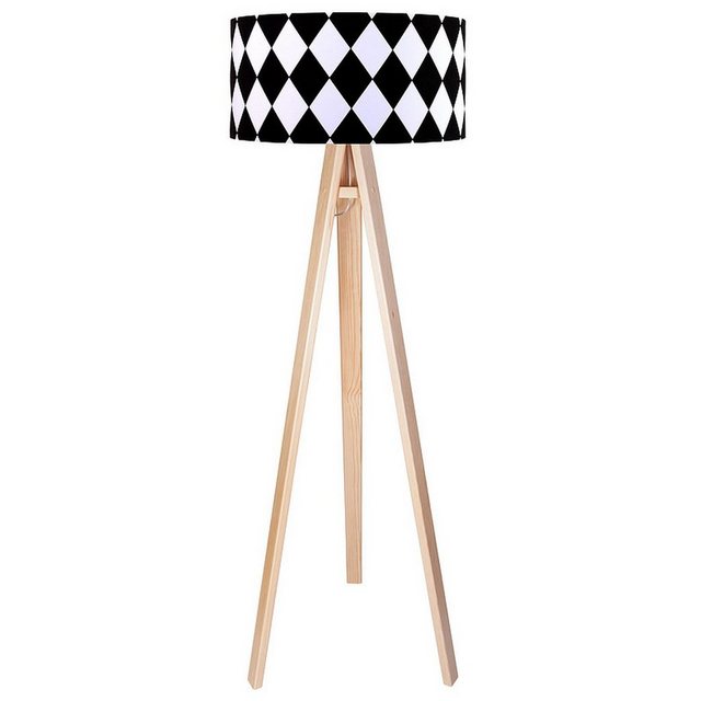 Bild von Licht-Erlebnisse Stehlampe ERIK, ohne Leuchtmittel, Standleuchte Tripod Schwarz Weiß Natur E27 140 cm Holz Stoff gemustert