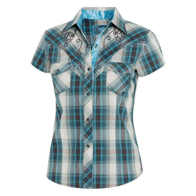 Bild von STARS & STRIPES Josie Westernbluse für Damen – Blau-Weiß kariert, Stickerei & Satinbesatz