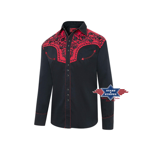 Bild von Exquisites schwarzes Westernhemd mit roter Westernpasse S