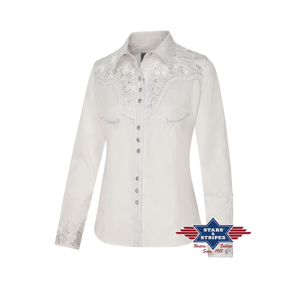 Bild von Edle Weiße Westernbluse mit Stickerei und Strasssteinen S