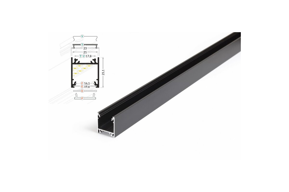 Bild von 2 Meter LED Profil Aufputz Tief schwarz eloxiert ohne Abdeckung 21mm Serie L