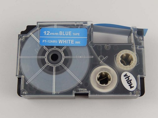 Bild von vhbw Schriftband-Kassette kompatibel mit Casio KL-G2, KL-750E, KL-780, KL-820, KL-8100, KL-8200, KL-C500 Etiketten-Drucker 12mm Weiß auf Blau
