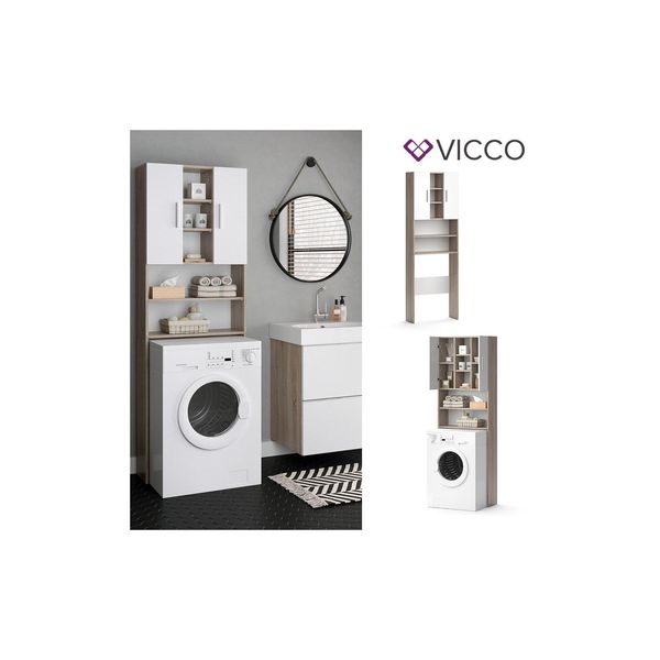 Bild von VICCO Waschmaschinenschrank LUIS 190x64cm Weiß Sonoma Badschrank Hochschrank