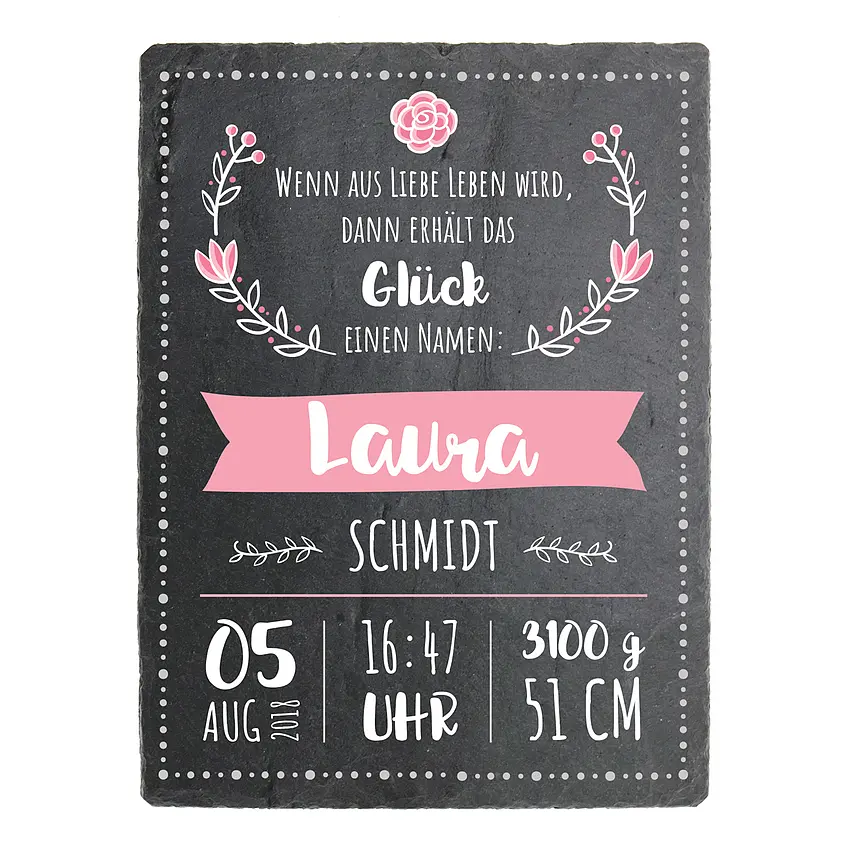 Bild von Schild zur Geburt eines Babys mit Geburtsdaten - 150 x 200 mm - Design Mädchen