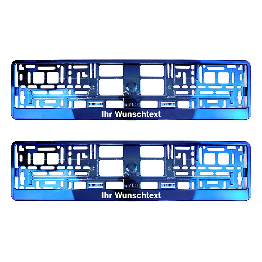 Bild von Kennzeichenhalter mit Wunschtext blau chrom - pro Paar