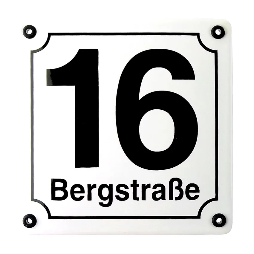 Bild von weiße Emaille Hausnummer mit Straßenname 14,8 x 14,8 cm | weiß/schwarz
