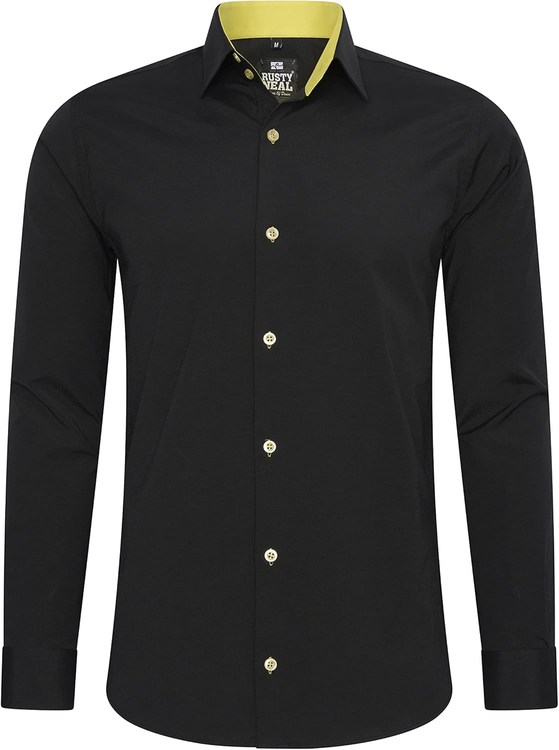 Bild von Rusty Neal Herren-Hemd Premium Slim Fit Langarm Stretch Kontrast Hemd Business-Hemden Freizeithemd, Größe S-6XL:2XL, Farbe:Schwarz/Gelb