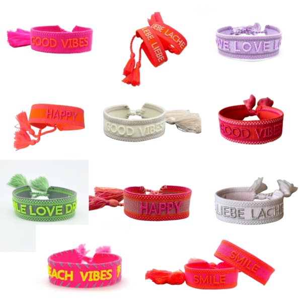 Bild von Textiles Armband mit Zugband und Quasten - 11 verschiedenen Ausführungen "neonpink neonorange ecru/ Lebe Liebe Lache"