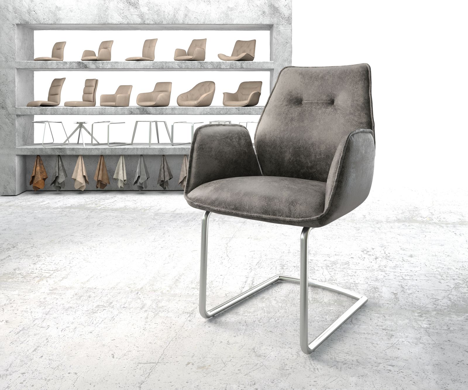 Bild von DELIFE Schwingstuhl Zoa-Flex Grau Antik Freischwinger rund Edelstahl, Esszimmerstühle