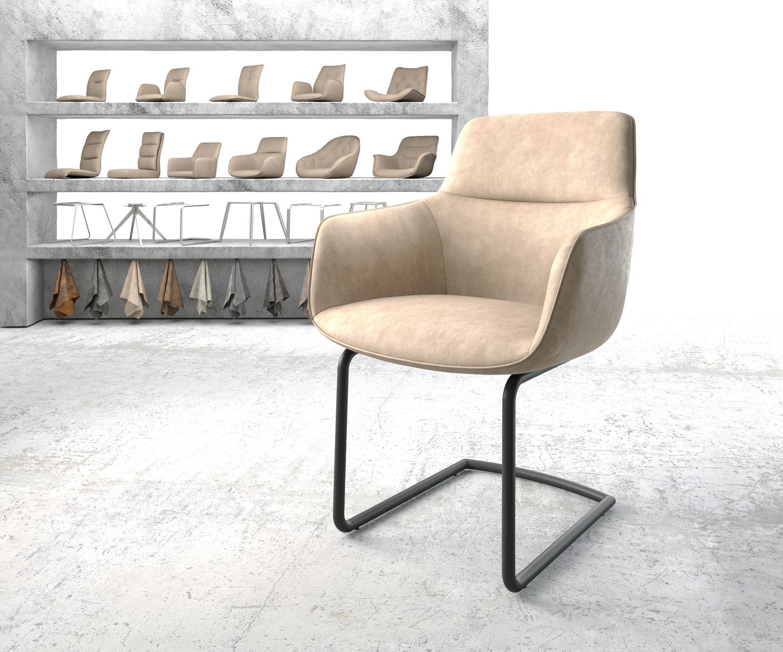 Bild von DELIFE Schwingstuhl Pejo-Flex Beige Vintage Freischwinger rund Schwarz, Esszimmerstühle