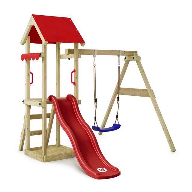 Bild von Spielturm Klettergerüst TinyWave mit Schaukel & Rutsche, Kletterturm mit Sandkasten, Leiter & Spiel-Zubehör - rot - Wickey