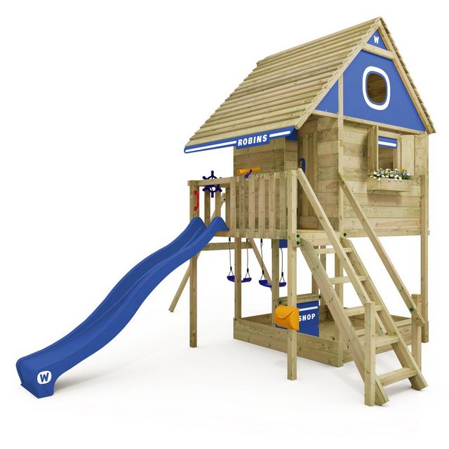 Bild von Wickey Klettergerüst Stelzenhaus Smart RiverHouse mit Schaukel & langer Rutsche, (Spielhaus mit Stehhöhe -, riesiger integrierter Sandkasten, Sicherheitstreppe mit Handlauf), 10-Jahre Garantie*, Großes Spielhaus, Massive Treppe mit Handlauf
