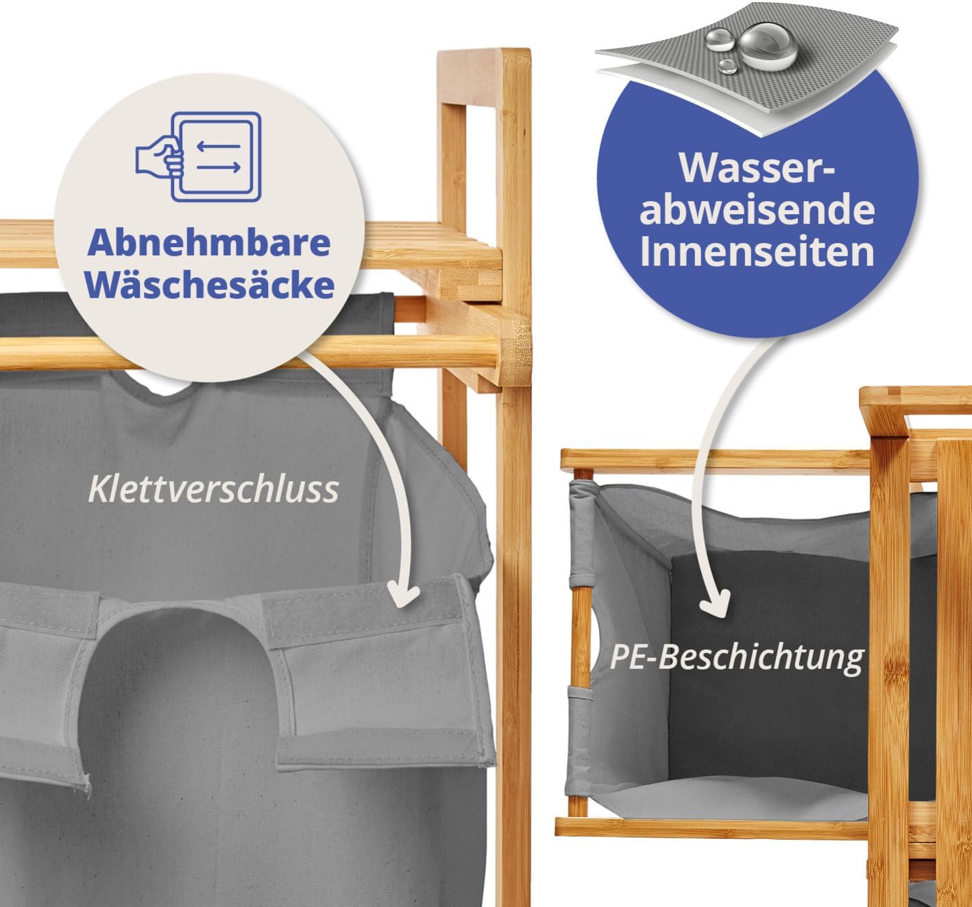Bild von Lumaland Ausziehwäschekorb Bambus mit 2 ausziehbaren Wäschesäcken 73x64x33cm, Wäschesammler mit Deckel, Pflegeleichtes Material,  leicht abwischbar