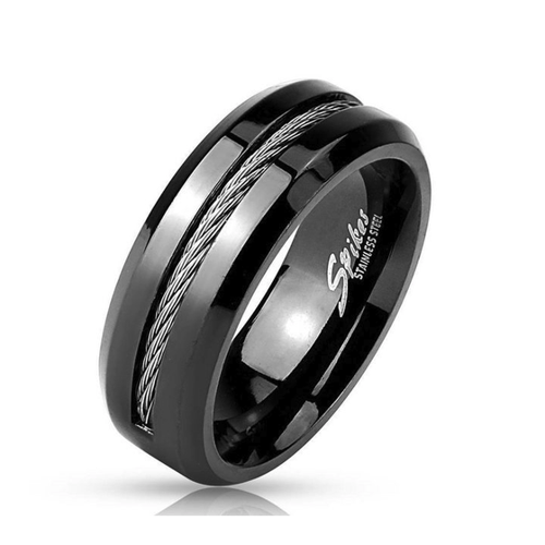 Bild von BUNGSA Fingerring Ring mit Kabel Mittelring Schwarz aus Edelstahl