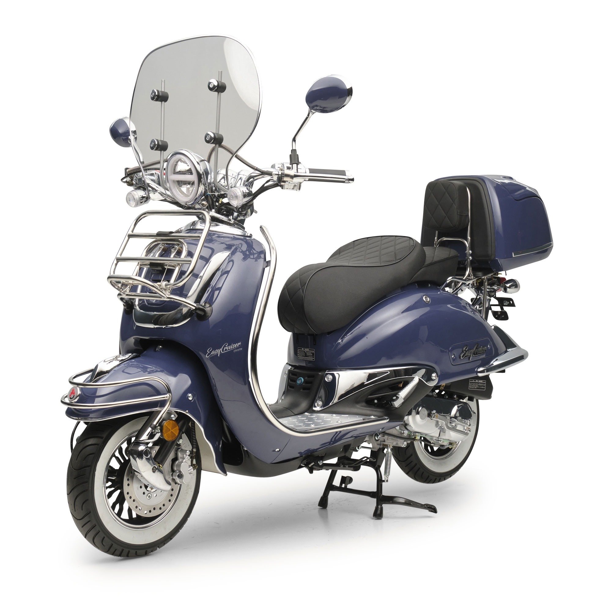 Bild von Burnout Motorroller EasyCruiser Chrom Dunkelblau, 50 ccm, 45 km/h, Euro 5, LED Beleuchtung, Digitales Tacho, Retro, mit Windschild & Topcase, USB