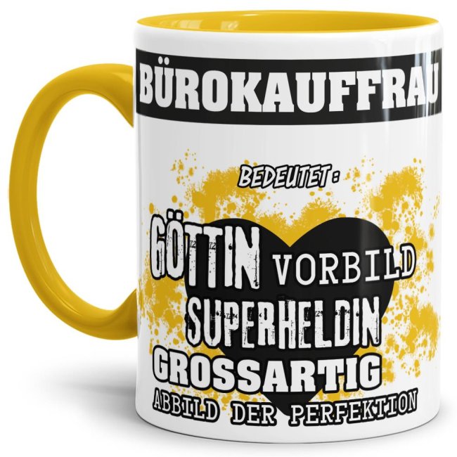 Bild von Berufe-Tasse in Gelb - Bedeutung einer Bürokauffrau