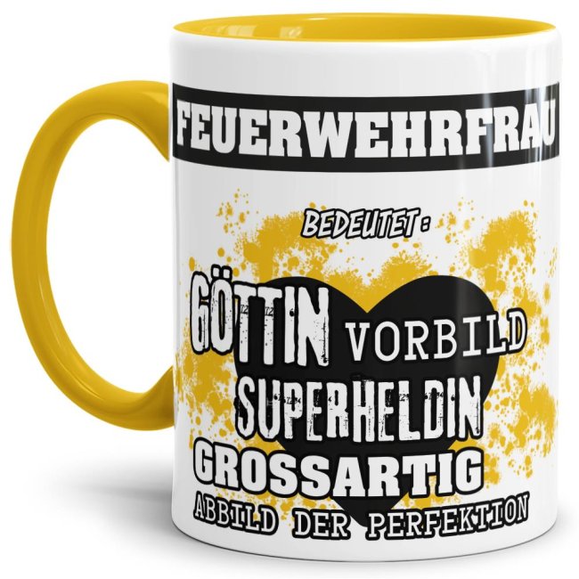 Bild von Berufe-Tasse in Gelb - Bedeutung einer Feuerwehrfrau