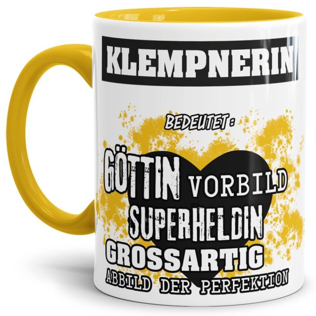 Bild von Berufe-Tasse in Gelb - Bedeutung einer Klempnerin