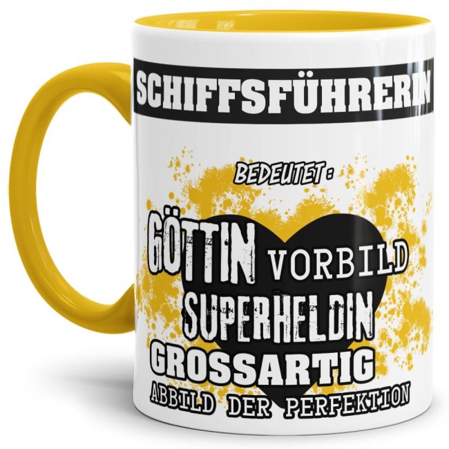 Bild von Berufe-Tasse in Gelb - Bedeutung einer Schiffsführerin