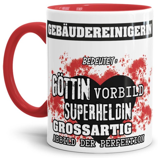 Bild von Berufe-Tasse in Rot - Bedeutung einer Gebäudereinigerin
