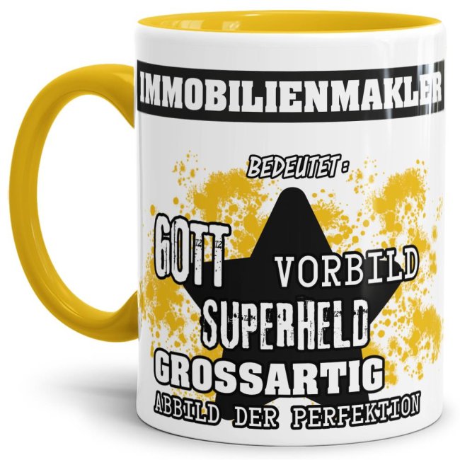 Bild von Berufe-Tasse - Bedeutung eines Immobilienkaufmanns - Gelb