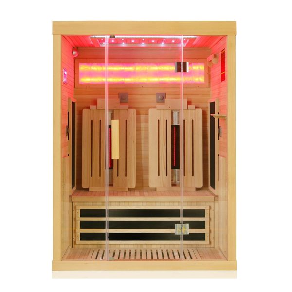 Bild von Dewello Infrarotkabine SALTCOATS 135 Wärmekabine, bis zu 2 Personen, BxTxH: 135 x 105 x 190 cm, (mit großer Farblichttherapie, inkl. Ionisator, mit Natursalzstein,Multimedia mit zusätzlich USB-Anschluss & Bluetooth) Sauna aus Hemlock Holz, leichter Aufbau dank Stecksystem