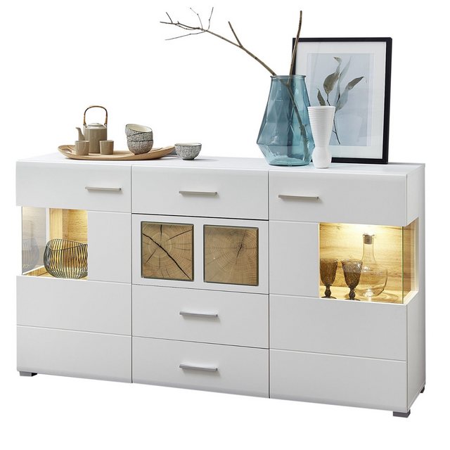 Bild von Sideboard weiß Eiche Applikationen FARO-36 mit LED Beleuchtung und Glaseinsätzen, B/H/T: ca, 170/94/42 cm