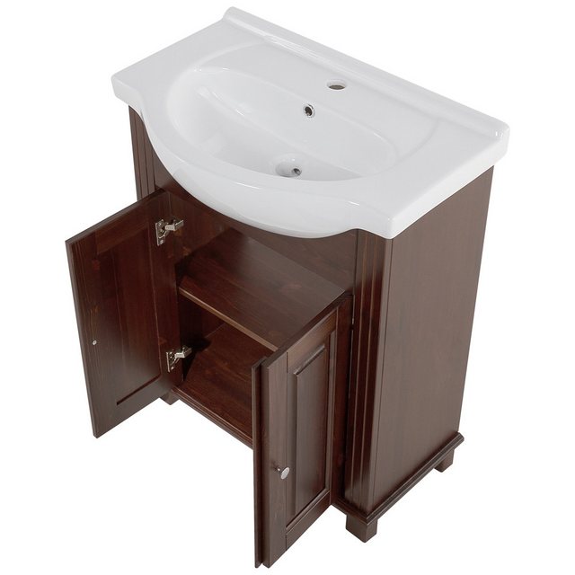 Bild von Badmöbel Set inkl. 65 cm Keramik-Waschbecken AVEIRO-56, im Landhausstil, Pinie Massivholz braun, B/H/T ca. 150/180/44cm