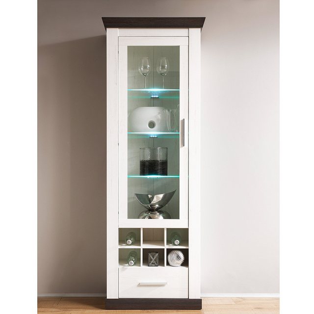 Bild von Stand-Vitrine im Landhaus Stil Pinie weiß Nb. SALARA-61 inkl. LED-Beleuchtung B/H/T ca. 72x201x38cm