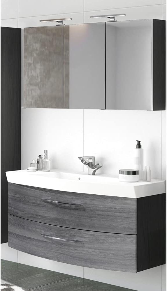 Bild von Lomadox Badmöbel Waschplatz Set in Eiche Rauschsilber Nb. & Graphit 120cm Waschtisch-Unterschrank & Waschbecken LED-Spiegelschrank & 3D-Ansicht und Steckdose