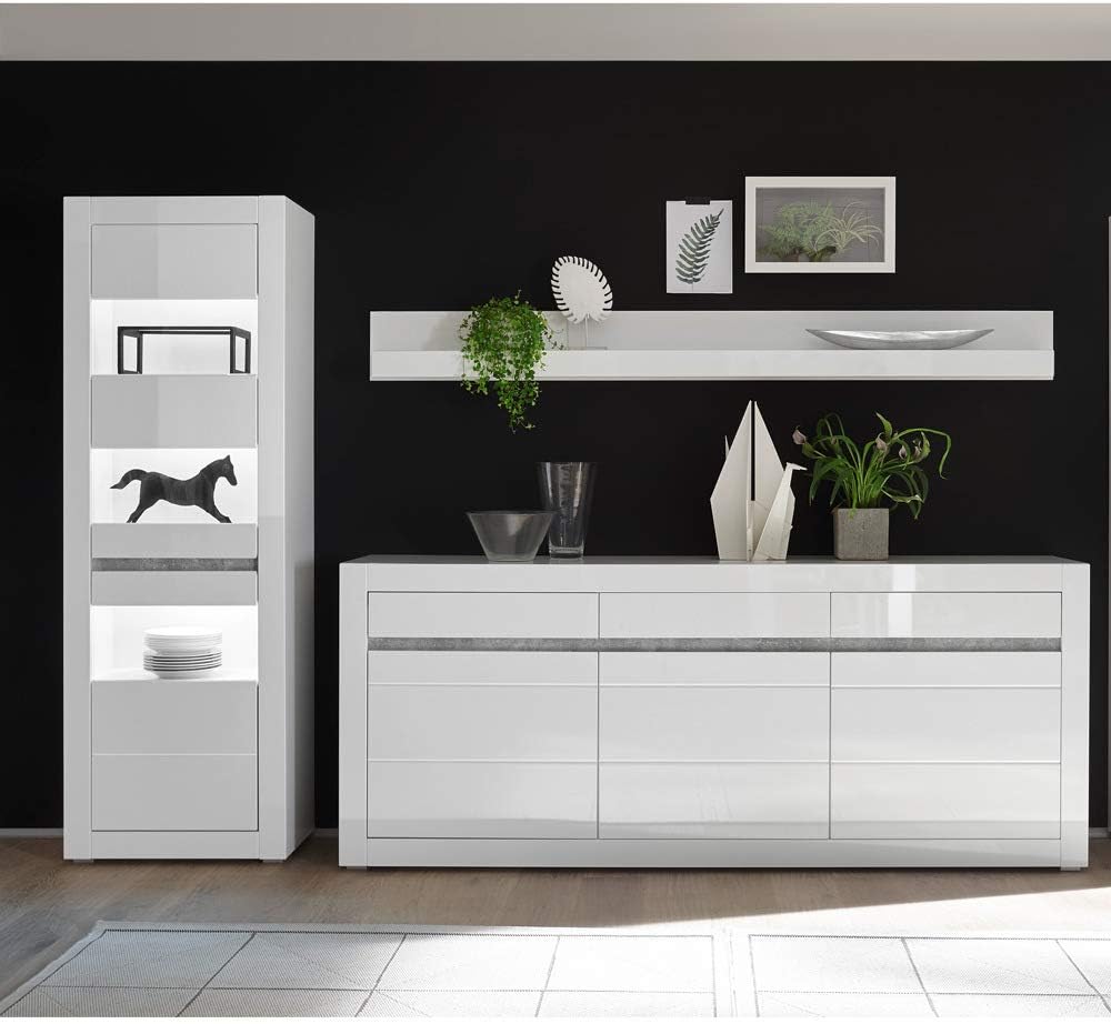 Bild von Wohnwand Vitrinen und Sideboard Set in Hochglanz weiß COGO-61 modernes Design mit Griffmulden in Betonoptik BxHxT: 298x162x42cm