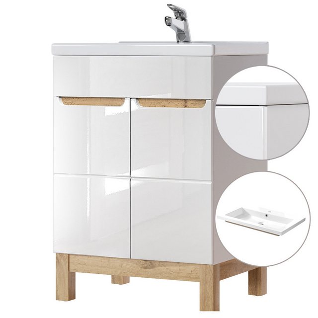 Bild von Waschtischunterschrank inkl. 61cm Keramikbecken SOLNA-56 Hochglanz weiß mit Wotaneiche, B x H x T ca. 61 x 85 x 46cm