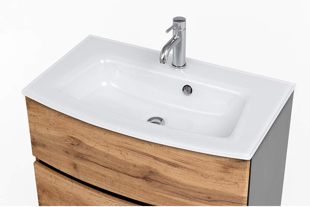 Bild von Waschtisch 80 cm Graphitgrau mit Wotaneiche Nb. LAURIA-03 inkl. Glaswaschbecken weiß, BxHxT: ca. 80x53x49 cm