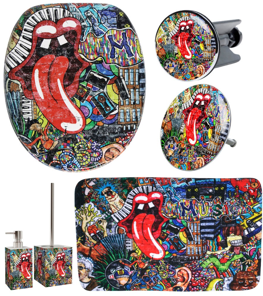 Bild von Sanilo Badaccessoire-Set 6-teilig Graffiti, WC-Sitz mit Absenkautomatik, Badteppich 70 x 110 cm, Waschbeckenstöpsel, Badewannenstöpsel, Seifenspender, WC-Bürste, 6 tlg., hochwertig & modern, universell, leichte Montage
