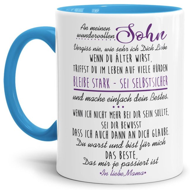 Bild von Tasse - mit Spruch von Mama für den Sohn - Innen & Henkel Hellblau