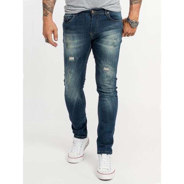 Bild von Rock Creek Herren Jeans Hose Slim Fit Stretch Jeans Herrenjeans Herrenhose Denim Stonewashed Dunkelblau Raw Destroyed RC-2145 Darkoceanblue W34 L34