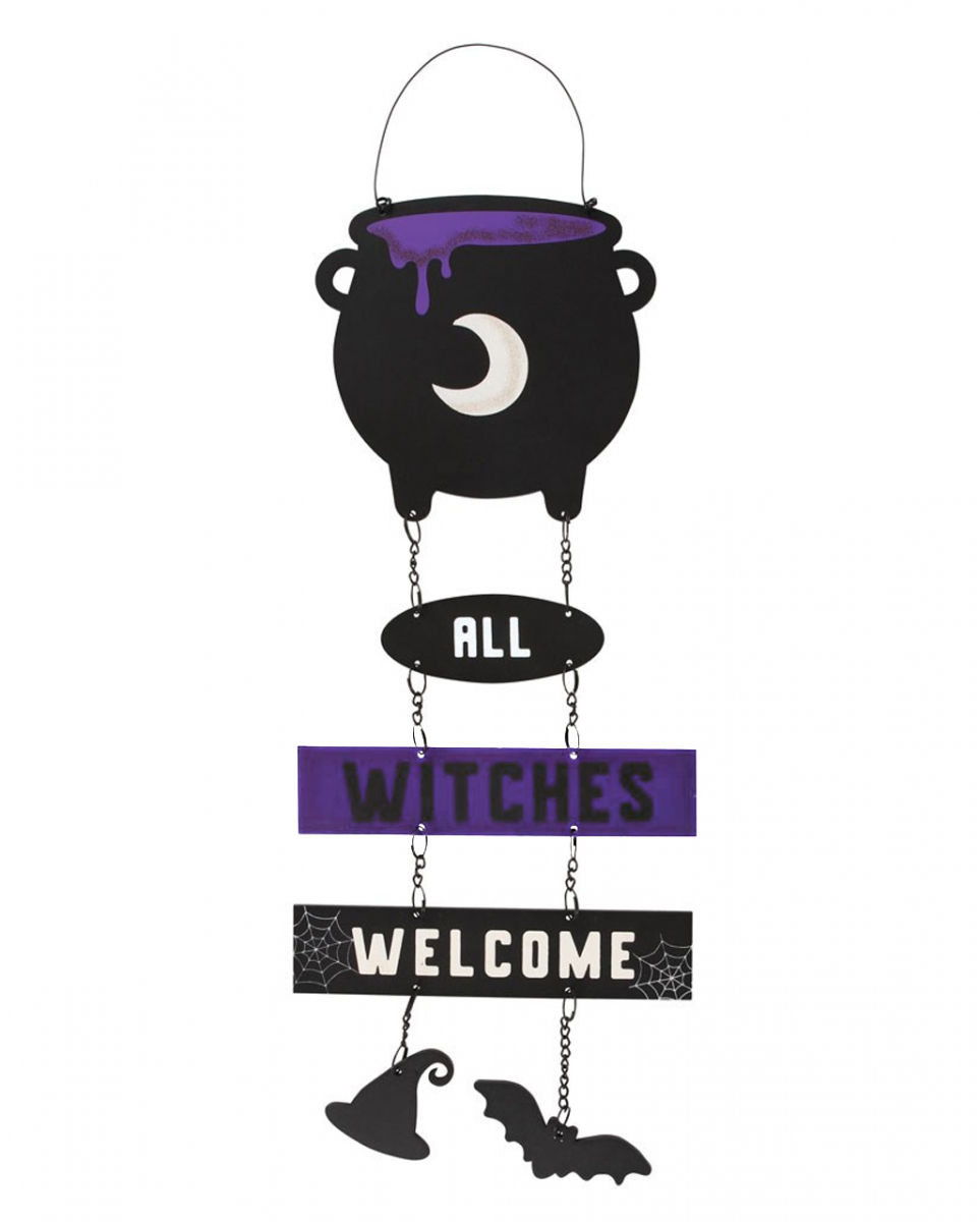 Bild von horror-shop All Witches Welcome Hängeschild mit Kessel - Hexenhut & Fledermaus 30cm