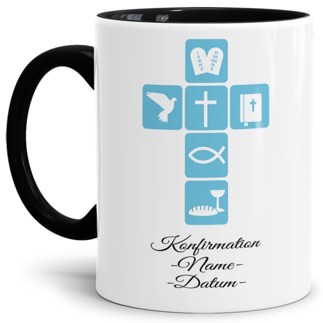 Bild von Tasse zur Konfirmation - Gott hat befohlen - Blau - Personalisiert - Innen & Henkel Schwarz