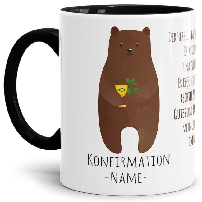 Bild von Tasse zur Konfirmation - Bär mit Psalm 23 - Personalisiert - Innen & Henkel Schwarz