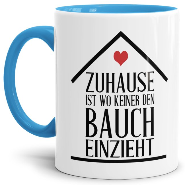 Bild von Tasse - Zuhause ist wo keiner den Bauch einzieht - Hellblau