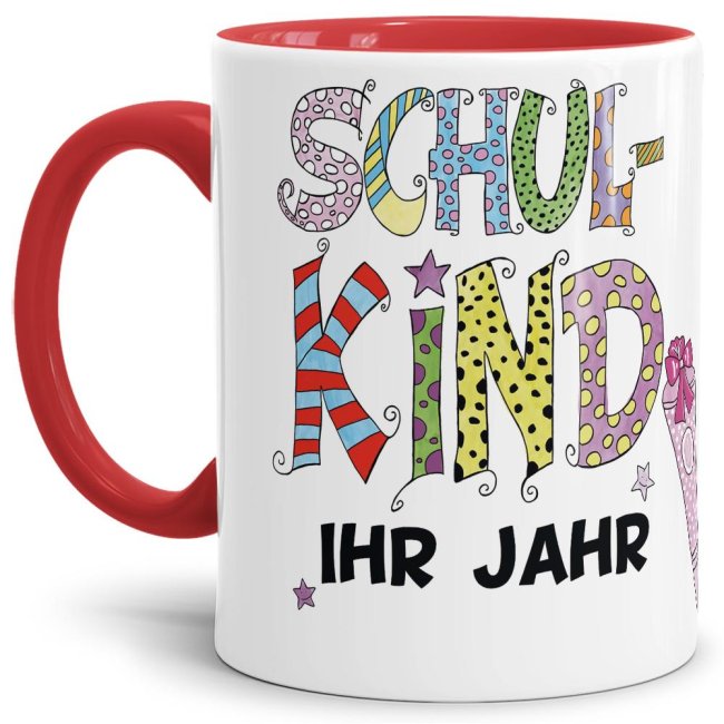 Bild von Tasse zur Einschulung - Einschulung -Ihr Jahr- Mädchen Innen & Henkel Rot