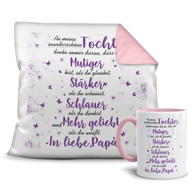 Bild von Geschenk-Set - Von Vater für Tochter - Kissen und Tasse Rosa