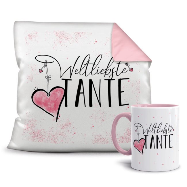 Bild von Geschenk-Set - Weltliebste Tante - Kissen und Tasse Rosa